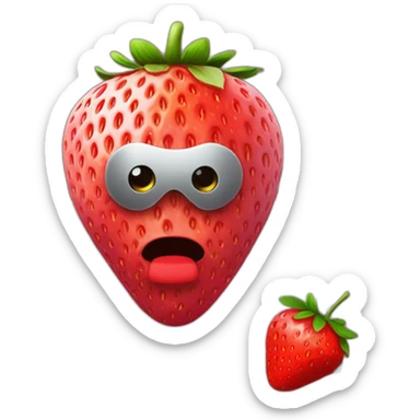 a strawberry with the body of a man with eyes a mouth a nose and everything else the strawberry is in front of a computer with a mask that hides his eyes so that we don't recognize his face sticker