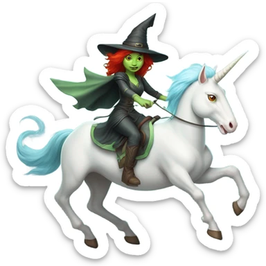 [politically incorrect
	{ female, alien, witch, color: light green, hair:red, eyes:cat} ]
	on a 
	[{ unicorn: white, legged:four, mane: light blue }] sticker