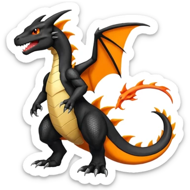 Shiny Black Koraidon-Charizard-Salandit-Fakémon-hybrid-creature (full body) with orange belly sticker