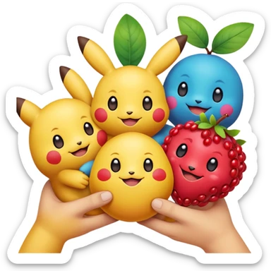 Three Pokémon characters showing kindness and teamwork. One Pokémon is handing a berry to another, while the third Pokémon is cheering and clapping happily. They look joyful and friendly, standing close together in a bright, colorful cartoon scene. The style is cute, playful, and emoji-like. sticker