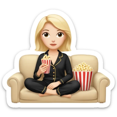 Stylish white woman with makeup in black pyjama watching tv with popcorn on beige couch sticker