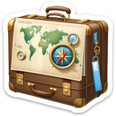 An icon featuring a suitcase, hotel building, symbolizing the scientific study of tourism and hospitality. The design includes a map, a compass, and a checklist, representing travel planning and service management. Transparent background highlights the academic exploration of the tourism industry. sticker