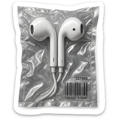 white EarPods with cable, shiny and puffy, no background sticker