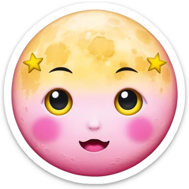 Full Moon and stars light pink and yellow kawaii with black wide eyes sticker