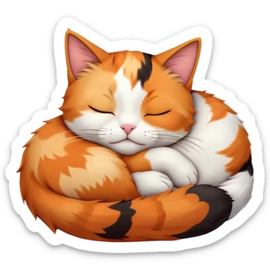 Meme-Worthy Cute Sleeping Calico Cat Portrait Emoji, Head resting peacefully with a content, gentle smile and softly closed eyes, featuring a delicate patchwork fur in vibrant orange, black, and white hues, simplified yet irresistibly endearing, highly detailed, glowing with a soft, drowsy radiance, high shine, exuding relaxed and utterly lovable charm, styled with a gentle, soft glowing outline, capturing the essence of a sleeping calico cat that appears destined to become a viral icon of adorable rest! sticker