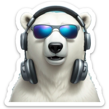 polar bear, cute emoji face, looking forward, remix dj, wearing cool sunglasses and over ear headphones, wearing a crown sticker