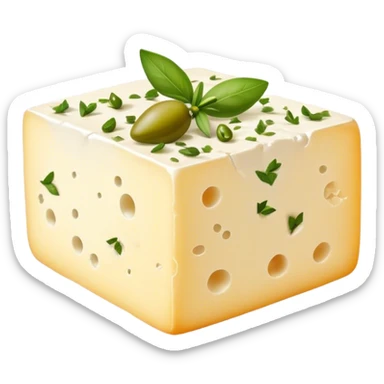 Cinematic Realistic Feta Cheese Dish Emoji, depicted as a block of crumbly, tangy cheese garnished with olive oil and herbs rendered with lifelike detail and soft natural lighting. sticker