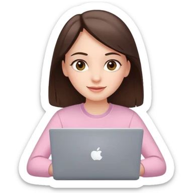 happy white brunette girl with hazel eyes in light pink using laptop sticker