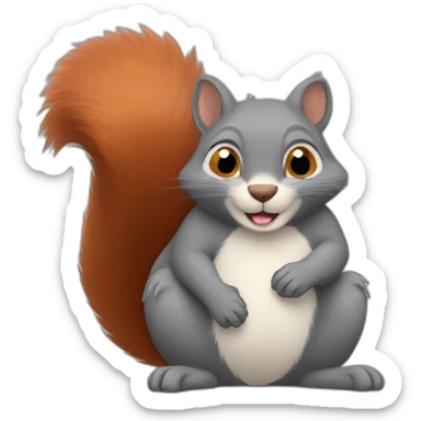 a red squirrel in the arms of a gray cat sticker