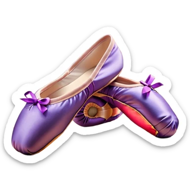 cinematic-realistic-ballet-shoes,-soft-satin-purple-pointe-shoes-with-delicate-ribbons,-resting-gently-on-a-polished-wooden-floor,-subtle-creases-in-the-fabric,-glowing-under-the-warm-golden-light-of-a-rehearsal-studio,-evoking-ele sticker