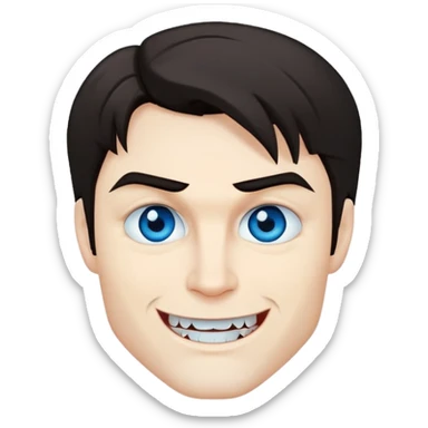 Damon Salvatore as a vampire with dark hair, blue eyes, fangs, smirking expression sticker