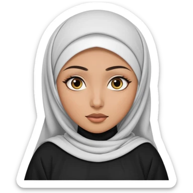 Make a emoji of a Muslim girl wearing a white hijab and makeup on her face, with only her eyes visible and her full body covered in an abaya or burqa. sticker