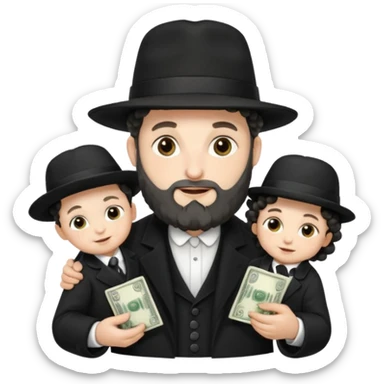 Jewish rabbi wearing traditional religious apparel with two side hair curls holding money and baby sticker