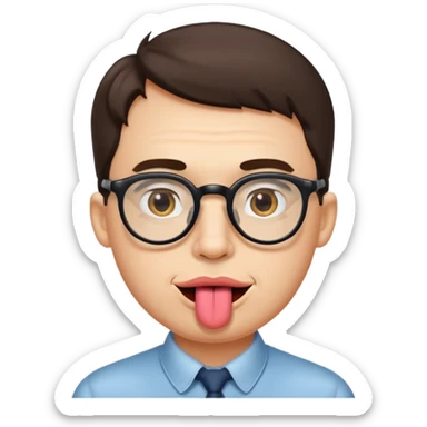 a bespectacled man with a tongue in cheek sticker