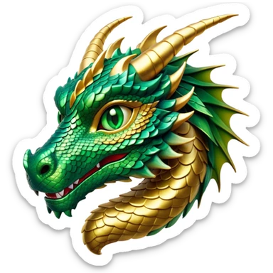 Cinematic Noble Dragon Portrait Emoji, Poised and majestic, with a sinuous, elongated body covered in intricately detailed, shimmering scales in hues of emerald and gold, and piercing, fiery eyes that reflect ancient wisdom; rendered with lifelike texture and natural highlights, high shine, intelligent and formidable, styled with an aura of mythic power, focused and attentive, soft glowing outline, capturing the essence of a legendary dragon that appears ready to soar out of the screen with timeless authority! sticker