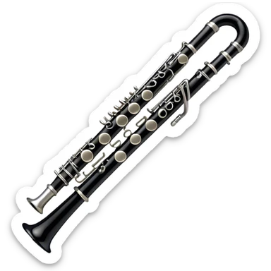 Create an emoji, representing a black standard clarinet. The design should feature a smooth, glossy black body of the clarinet with shiny, silver keys clearly visible. Highlight the intricate details of the mouthpiece and reed at the top, while the body of the instrument should remain simple and elegant. Add subtle musical notes or soundwaves floating around the instrument to symbolize its clear, melodic sound. Use black for the body, silver for the keys, and soft lighting effects to give the instrument a polished, sophisticated look. The background should be transparent. sticker