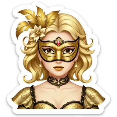 A woman in an ornate gold masquerade mask and elegant outfit, holding the mask delicately. sticker