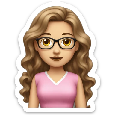 brunette wavy long hair nerd girl, wearing a pink dress, pink mouth sticker