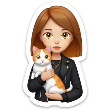 Light-skinned girl with brown straight hair wearing a black jacket, holding one pure white cat with yellow eyes and one calico cat with orange and black patches sticker