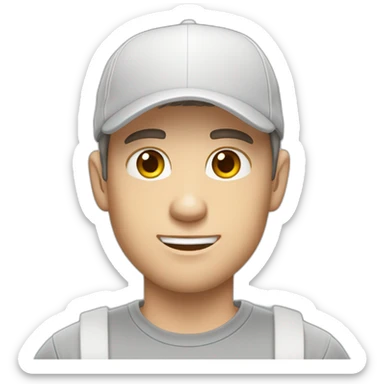 Pale skinned fit Man with dark brown hair in a white cap, gray jeans and gray polo T-shirt keeping a pasted with tape box into his hands sticker