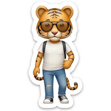 anthropomorphised tiger in a band t-shirt and jeans with sunglasses walking upright, relaxed pose sticker