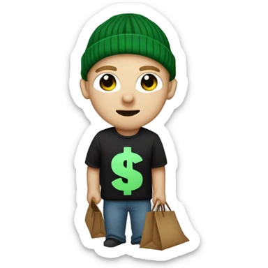 short light hair, large expressive eyes, small neutral mouth, wearing a black beanie, striped t-shirt or sweater, accessorized with a black eye-cutout mask and holding a brown bag with a green dollar sign. sticker