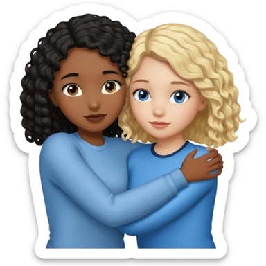 Girl best friends, one white with blond bob and blue eyes, one shorter black girl with long black curly hair, hugging sticker