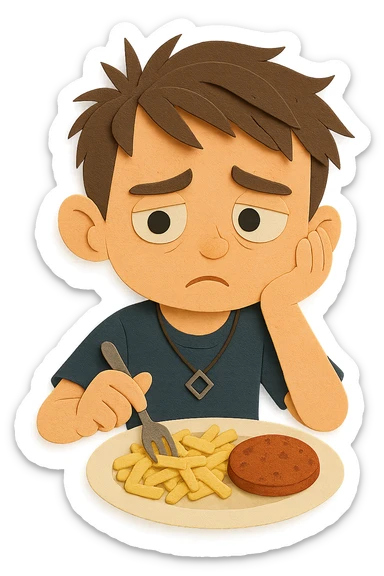 Now he looks slightly worried — he was told that if he doesn't eat protein, he might not grow up. sticker