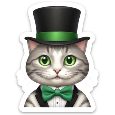 Grey tabby cat in top hat and bow tie sticker