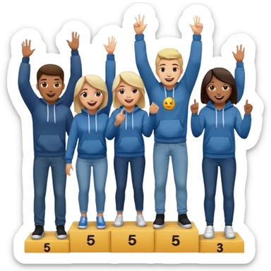 five casually dressed, multi-racial people on a winners’ podium, no numbers, all in jeans and hoodies, excited, fun, expressive emoji style sticker