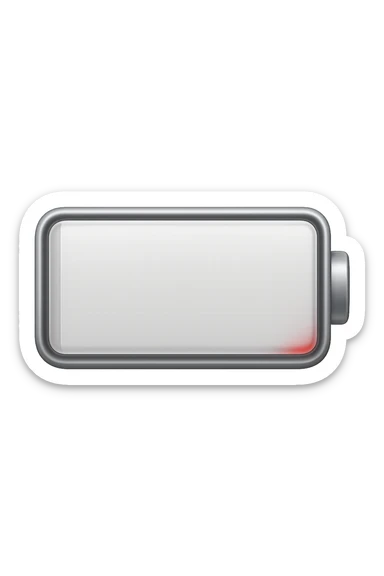 iPhone-style emoji of a battery that is almost empty, with a small red bar at the end indicating low energy. Clean, minimal, glossy look, transparent background. sticker