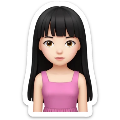 Girl with long, straight black hair with bangs and a pink dress  sticker