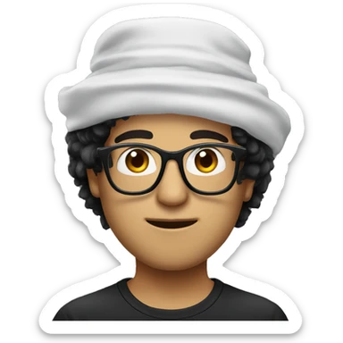 White person with fluffy messy black hair wearing a arabic hat and black glasses sticker