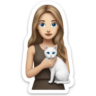woman with long brown hair and holding an all-white British cat with blue eyes sticker