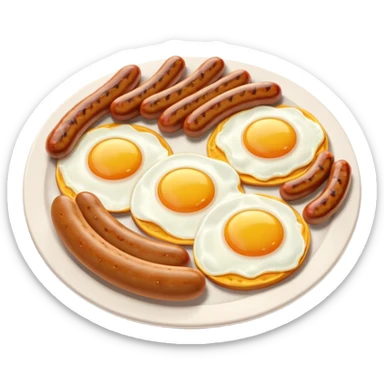 sausage and eggs object icon, fried eggs with sunny yolks, grilled sausages, warm breakfast vibe, delicious food presentation, 3D cartoon style, mobile game icon style, centered, clean background, no text, no watermark
 sticker