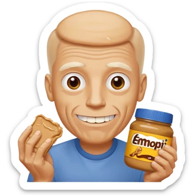 White man, barely any hair, lots and lots of wrinkles, bad yellow teeth, and peanut butter sticker