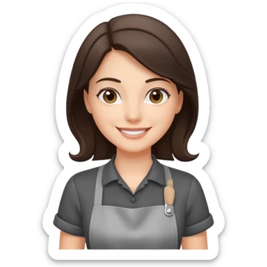 Брюнетка официантка улыбается ф сером фартуке и черной футболке sticker