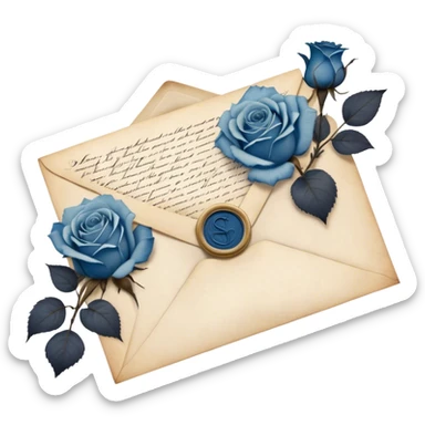 An antique handwritten letter with dried light blue roses and a navy wax seal, vintage aesthetic. sticker