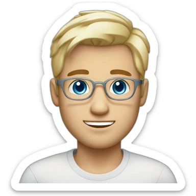 guy with ocean blue eyes, wears thing silver glasses, has blond short stylish hair, cute cheeks, light brows, works in marketing sticker