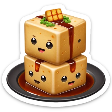 Changsha stinky tofu with dark appearance and sauce, simplified emoji style with bold outlines and bright colors, cartoon style Hunan specialty street food sticker