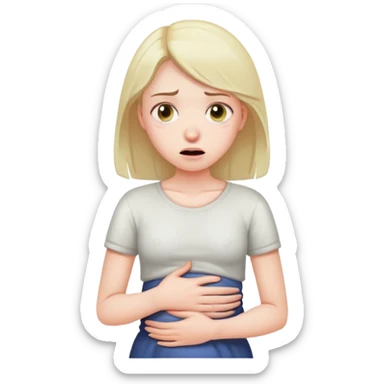 girl with strained facial expression, discomfort, holding stomach, constipation sticker
