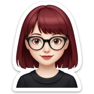 girl,pale skin,dark red hair,almond brown eyes, full bangs,clear glasses,eyeliner,black dress,smiling sticker