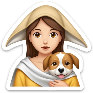 Chica con manta sobre su cabeza envuelta con su perro chico blanco sobre ella sticker