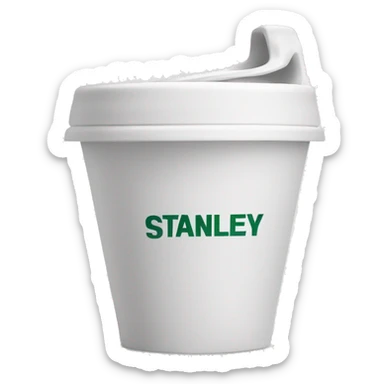 A white cup with lid and handle with the Stanley logo on it sticker