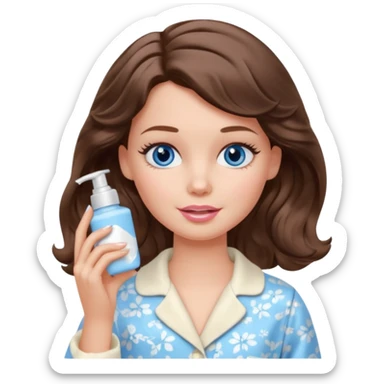 Barbie girl with makeup, blue eyes , and bob long haircut wavy, short brown hair in creamy color pajamas, face cream in hand sticker