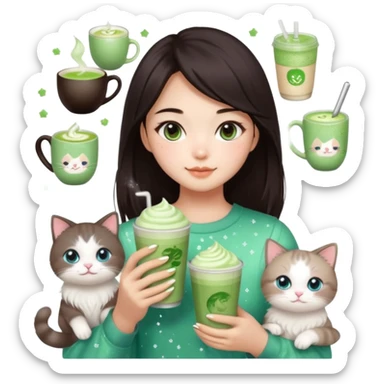 asian girl with shoart dark brown hair with a soft girl glowup aesthetic. matcha latte sparkles girly things, 2 ragdoll cats, skincare, makeup sticker