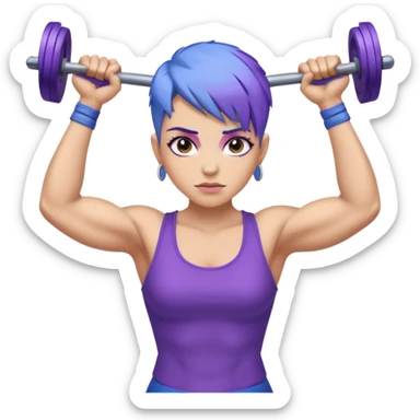 weight lift woman short blue purple har muscles bar is not growing from head sticker