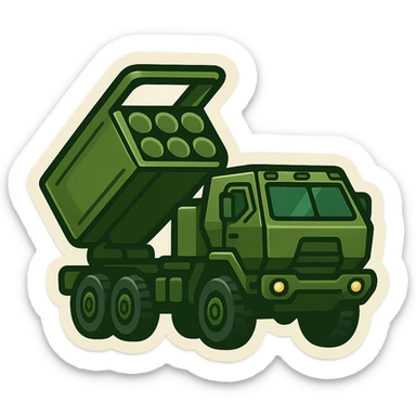 Create an emoji of HIMARS based on the provided photo. Style: emoji, front-side view, six rocket tubes, cabin, raised launcher, military green color, no background, simple shape. sticker