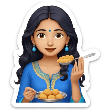 a pretty tan indian bratz girl with wavy long BLACK hair. eyeliner on, wearing a blue kurti, eating golgappa (without spoon) sticker