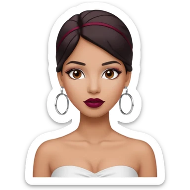 latina makeup olsun, saçları düz, halka küpeler taksın. takıların hepsi gümüş rengi olsun halka küpeler ve kolye dahil. makyajı ağır olsun ve beyaz bir Bandeau top kıyafet giyisin dudakları bordo olsun sticker